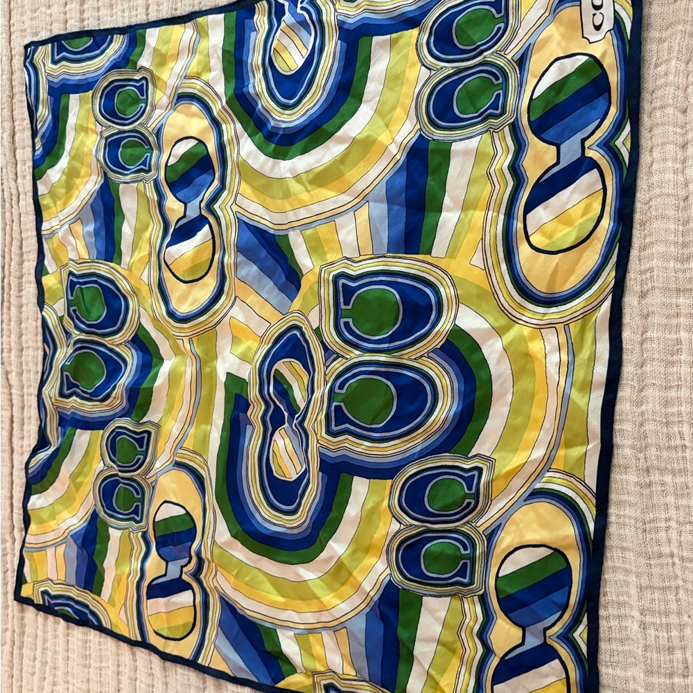 Coach Silk Scarf in Blue, Green and Yellow Abstract Print